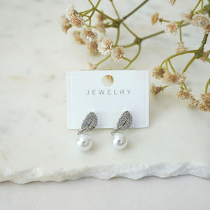Silver Crystal Leaf With Pearl Dangle Earrings Product Image
