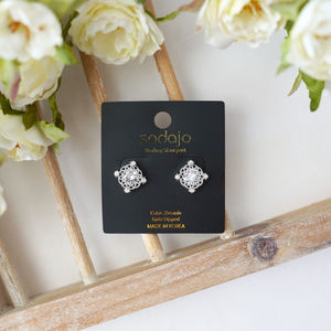 White Gold Dipped Sterling Silver CZ Filigree Stud Earrings Product Image
