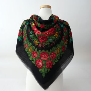 Black With Red And Green Floral XL Frayed Church Scarf Product Image