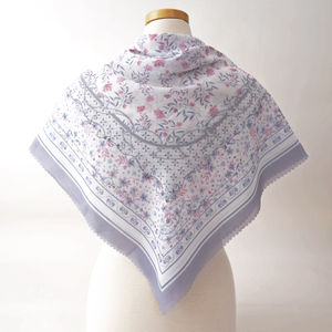 Blue Gray With Pink Florals Scalloped Church Scarf Product Image