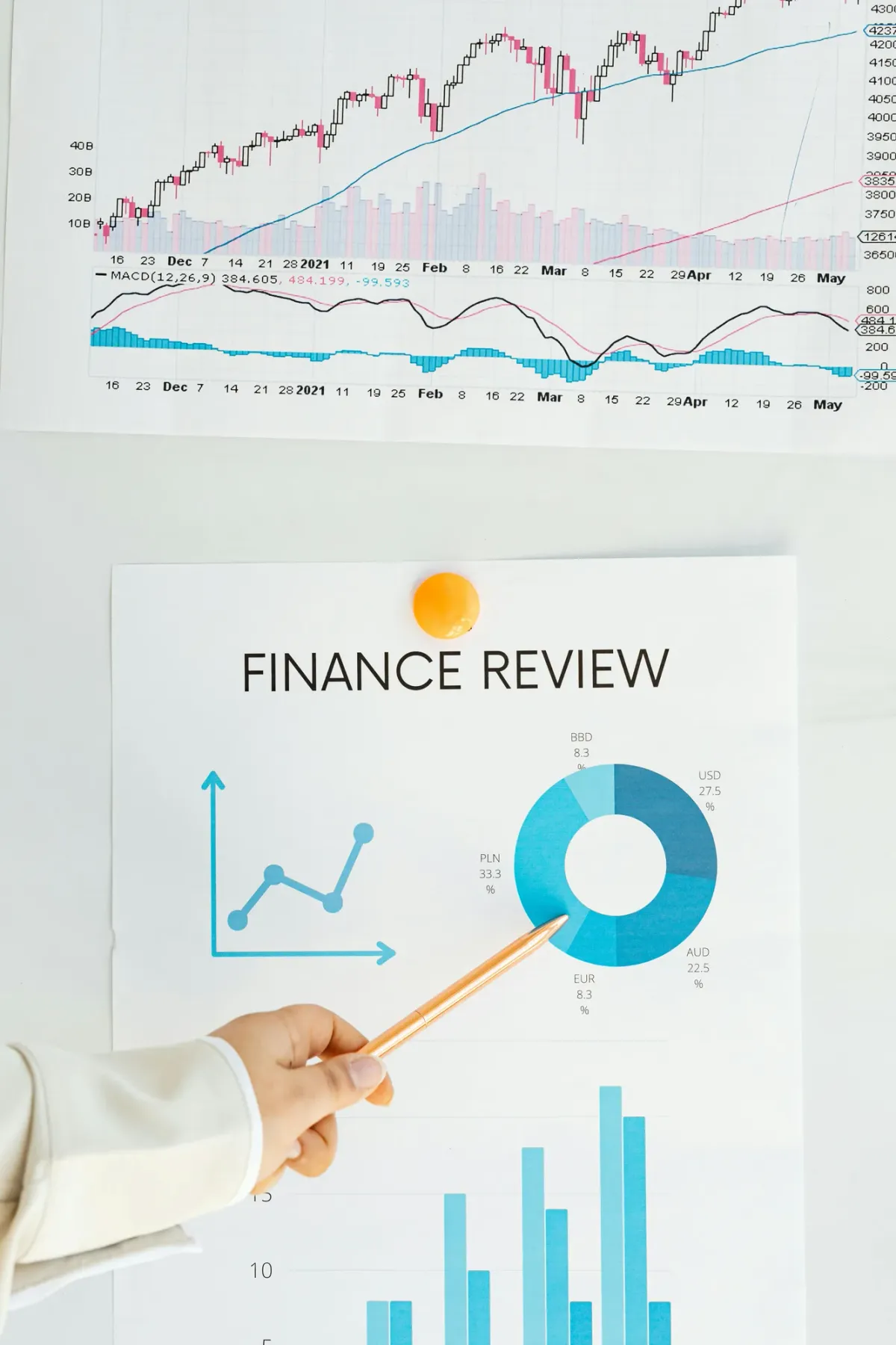 A hand holding a pen points to a printed finance review report showing a donut chart, line graph, and bar chart