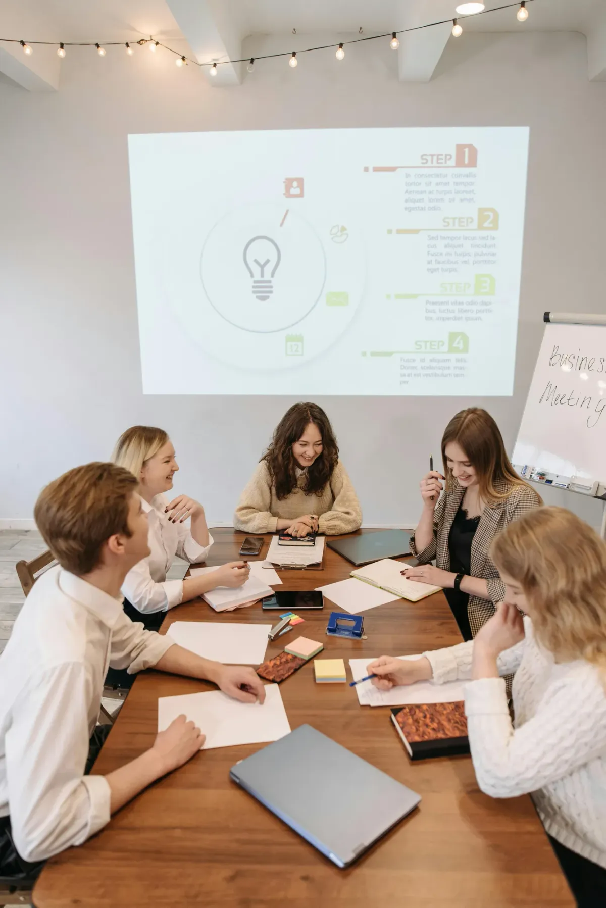 A group of five colleagues seated around a wooden table during a business meeting, with a step-by-step slide projected on the wall behind them