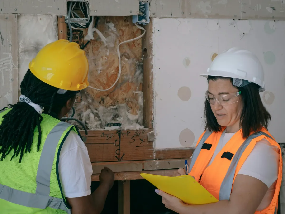 Two facilities workers in hard hats and safety vests reviewing a checklist together