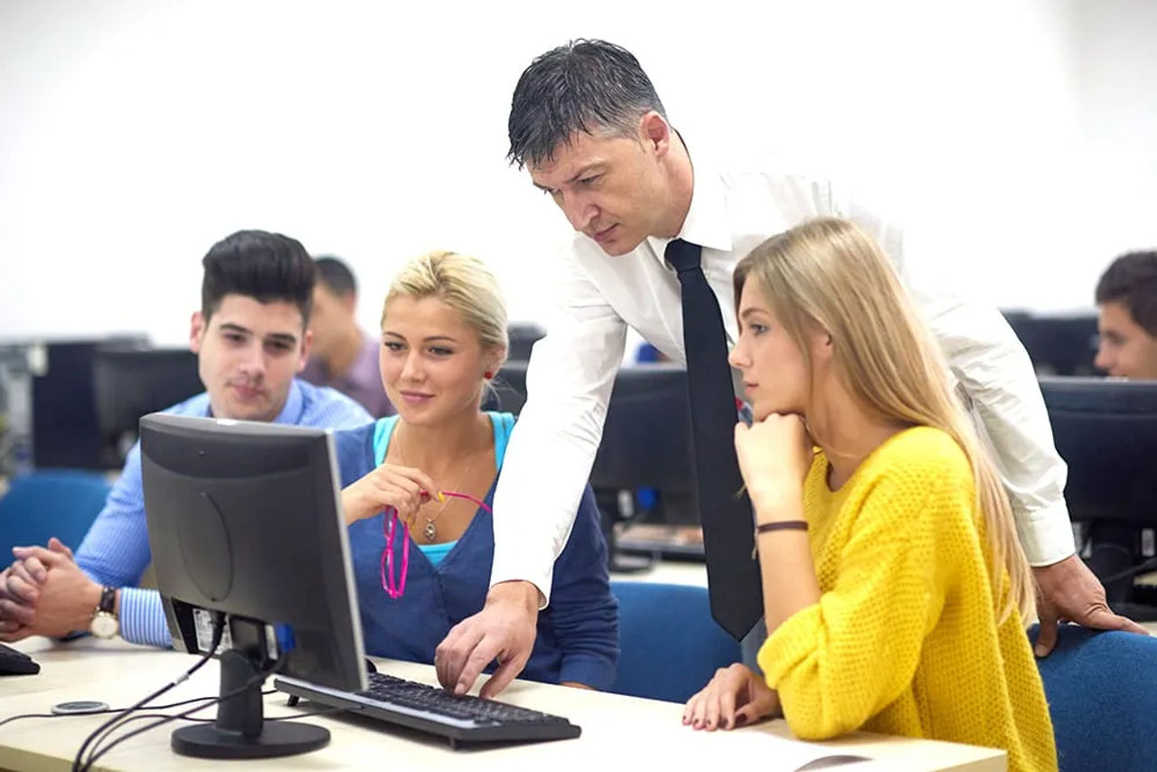 Students taking a test in a classroom