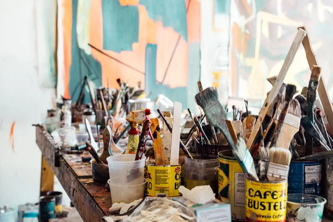 Art studio space with supplies and easels