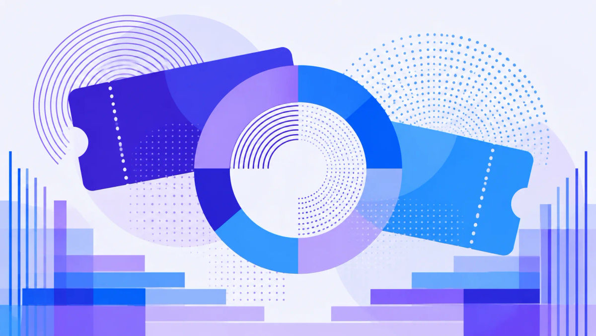 Abstract blue and violet tickets with a segmented circular entrance