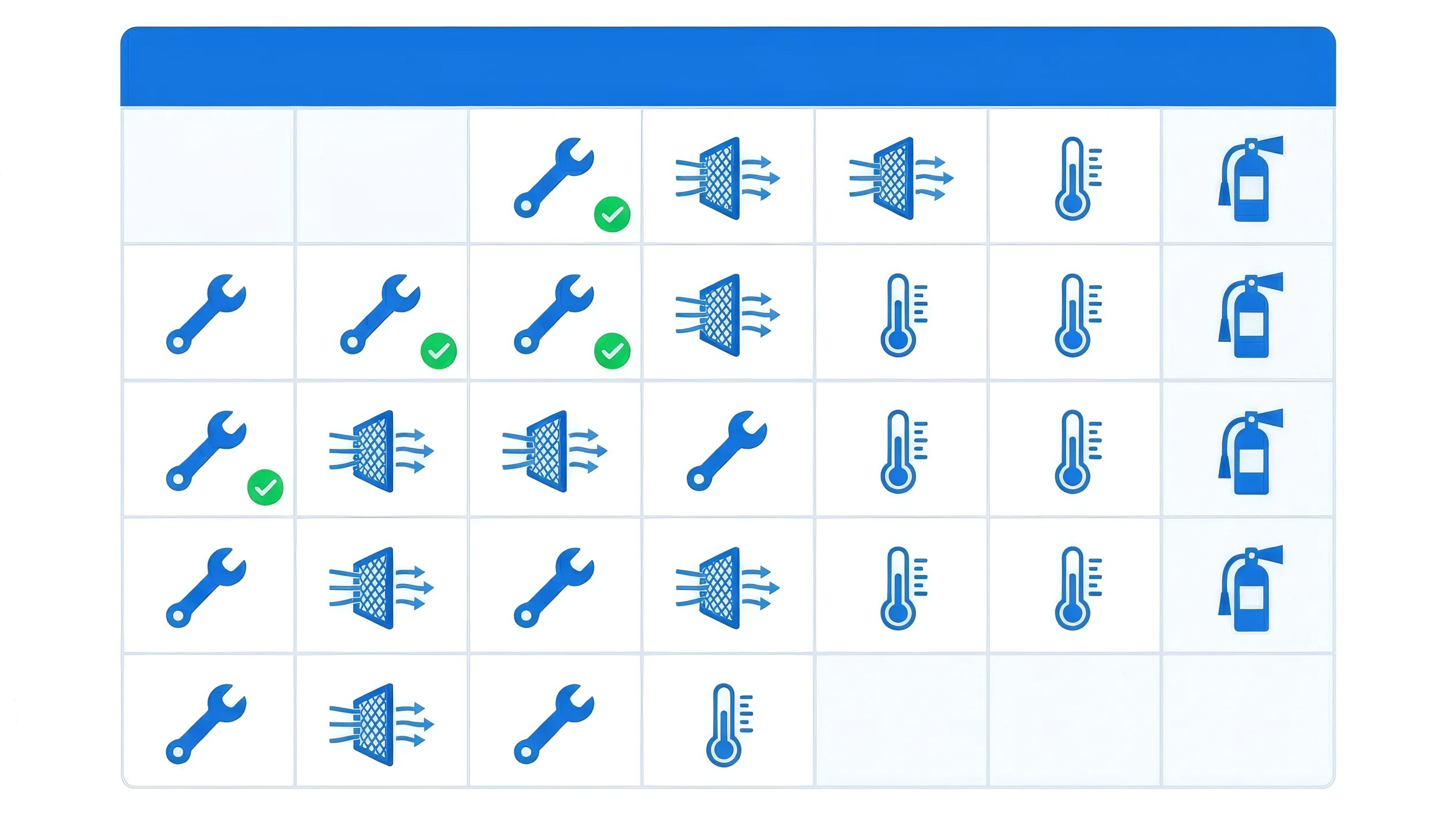 Flat illustration of a facility maintenance calendar with icons for inspections, HVAC, filters, and safety checks distributed across monthly blocks