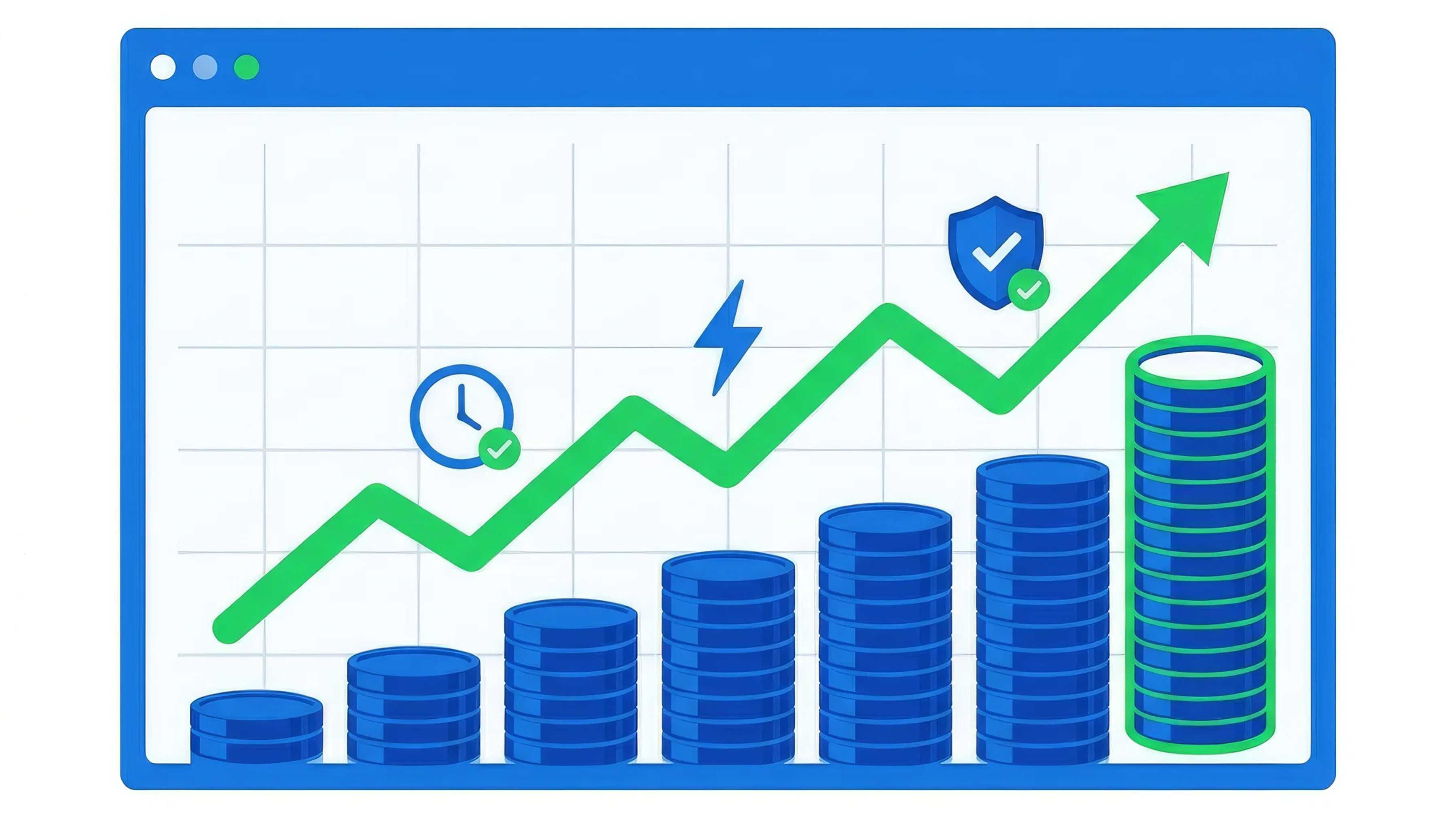 Flat illustration of a dashboard with an upward-trending chart, growing coin stacks, and icons representing deferred replacements, fewer disruptions, and reduced risk