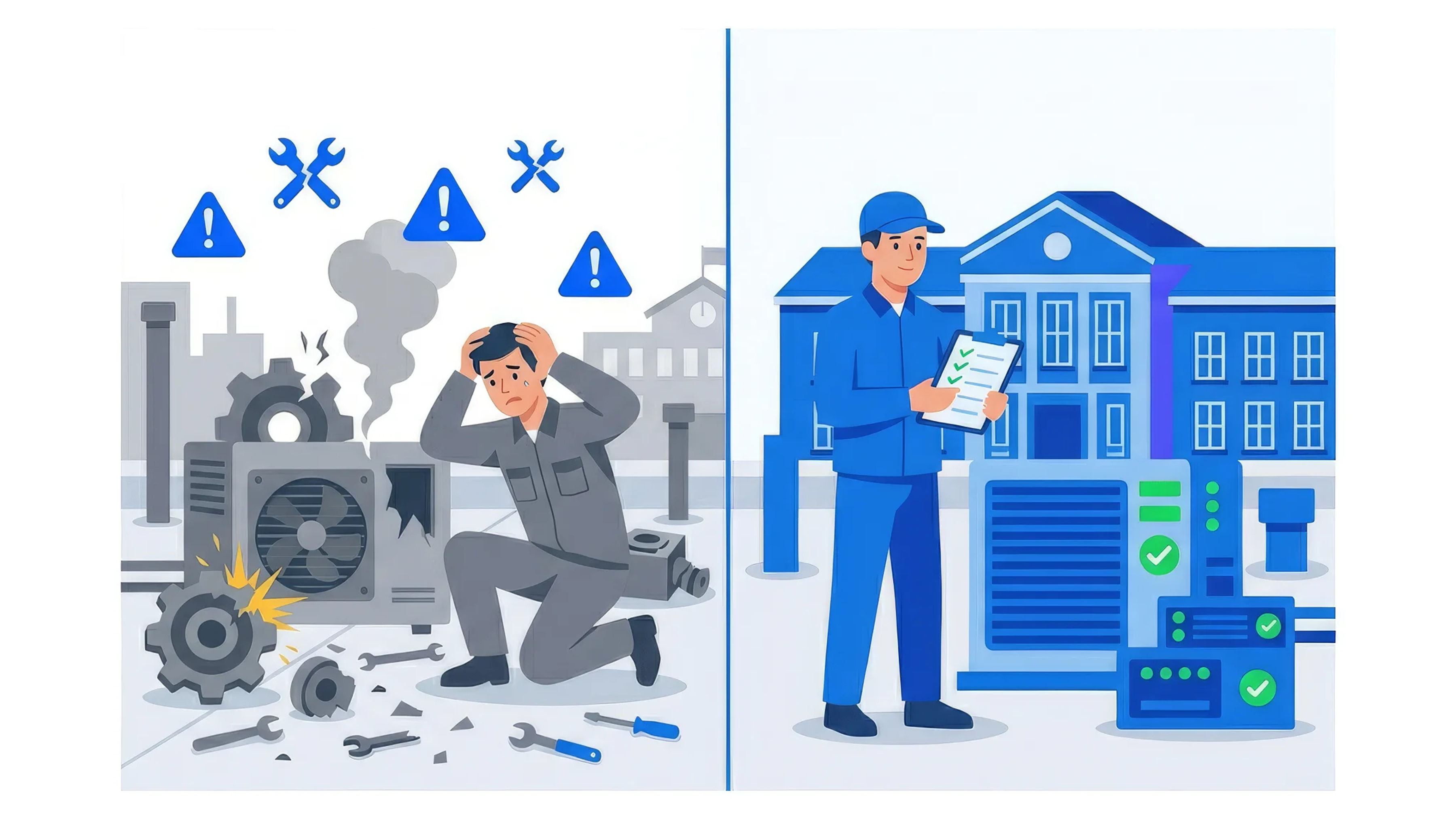 Split-screen comparison illustration showing a stressed reactive maintenance worker on the left versus a calm preventive maintenance worker with green status indicators on the right