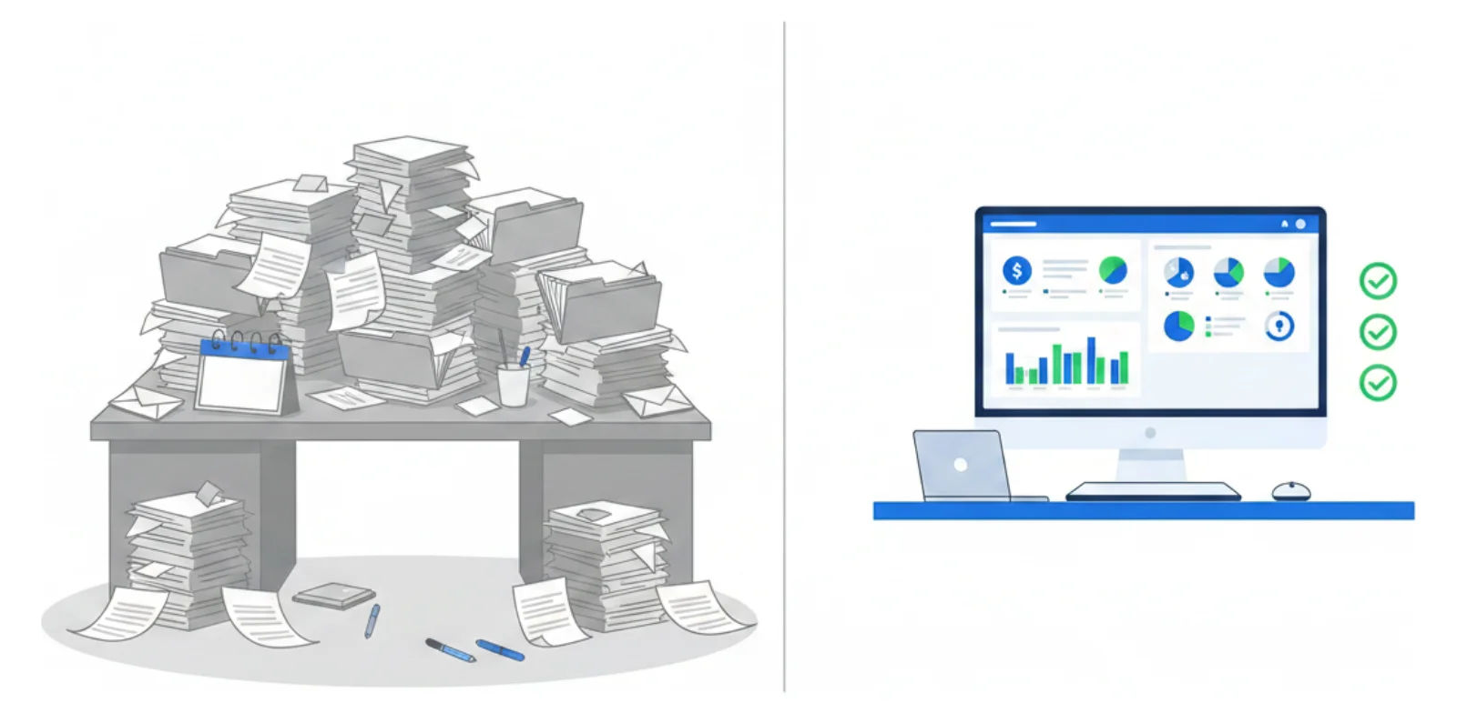 Illustration contrasting fragmented paper-based developer fee administration with a centralized digital workflow