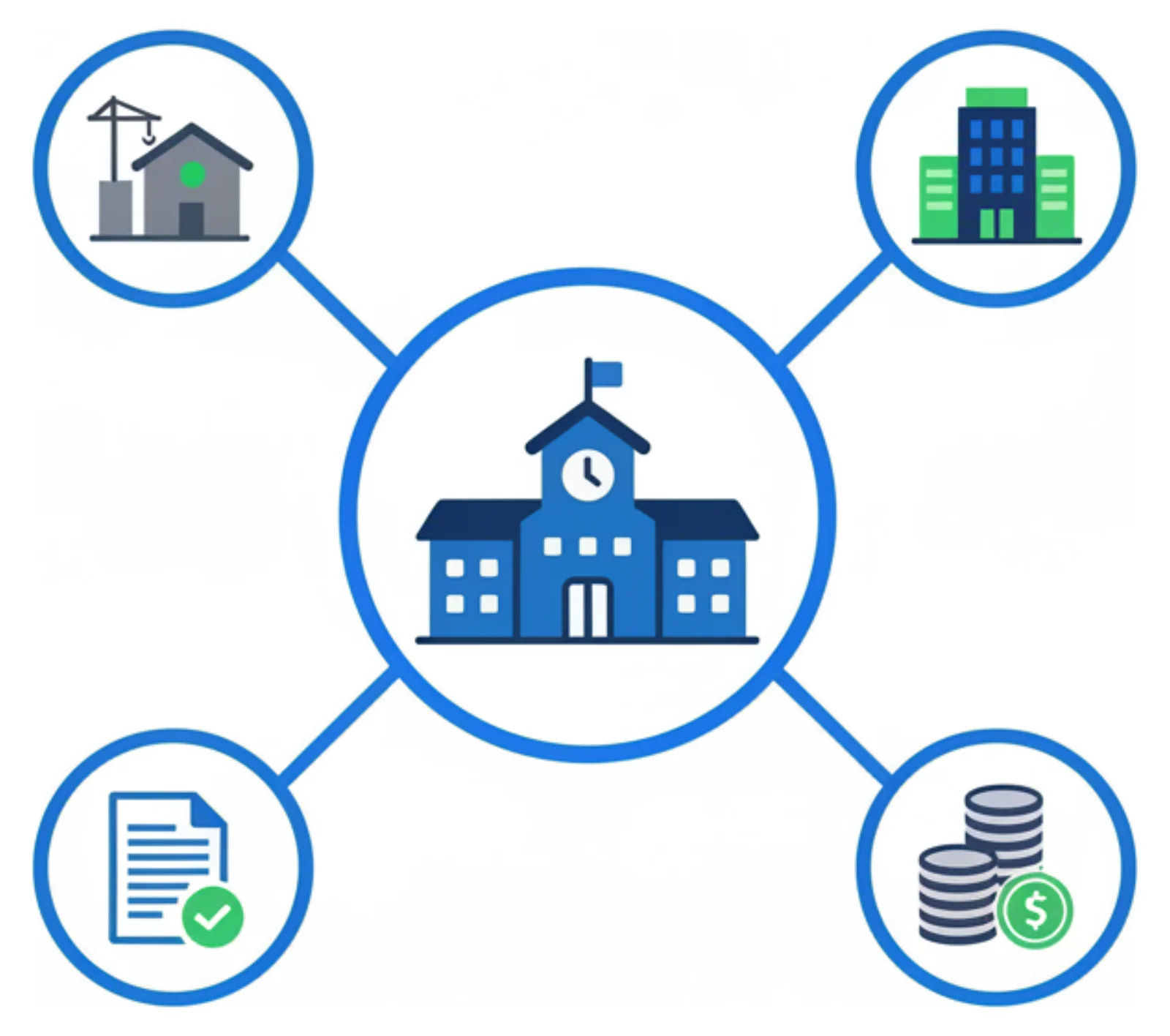 Illustration showing new residential and commercial construction on one side and a funded school campus on the other, connected by developer fees