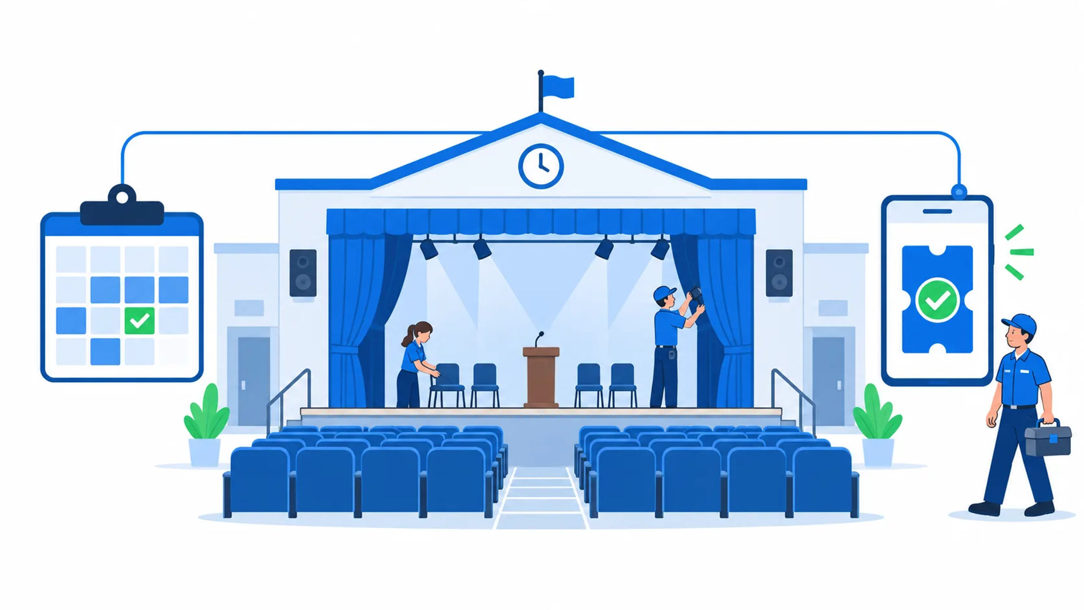 School auditorium connected to an event calendar and digital ticket, with staff preparing the venue