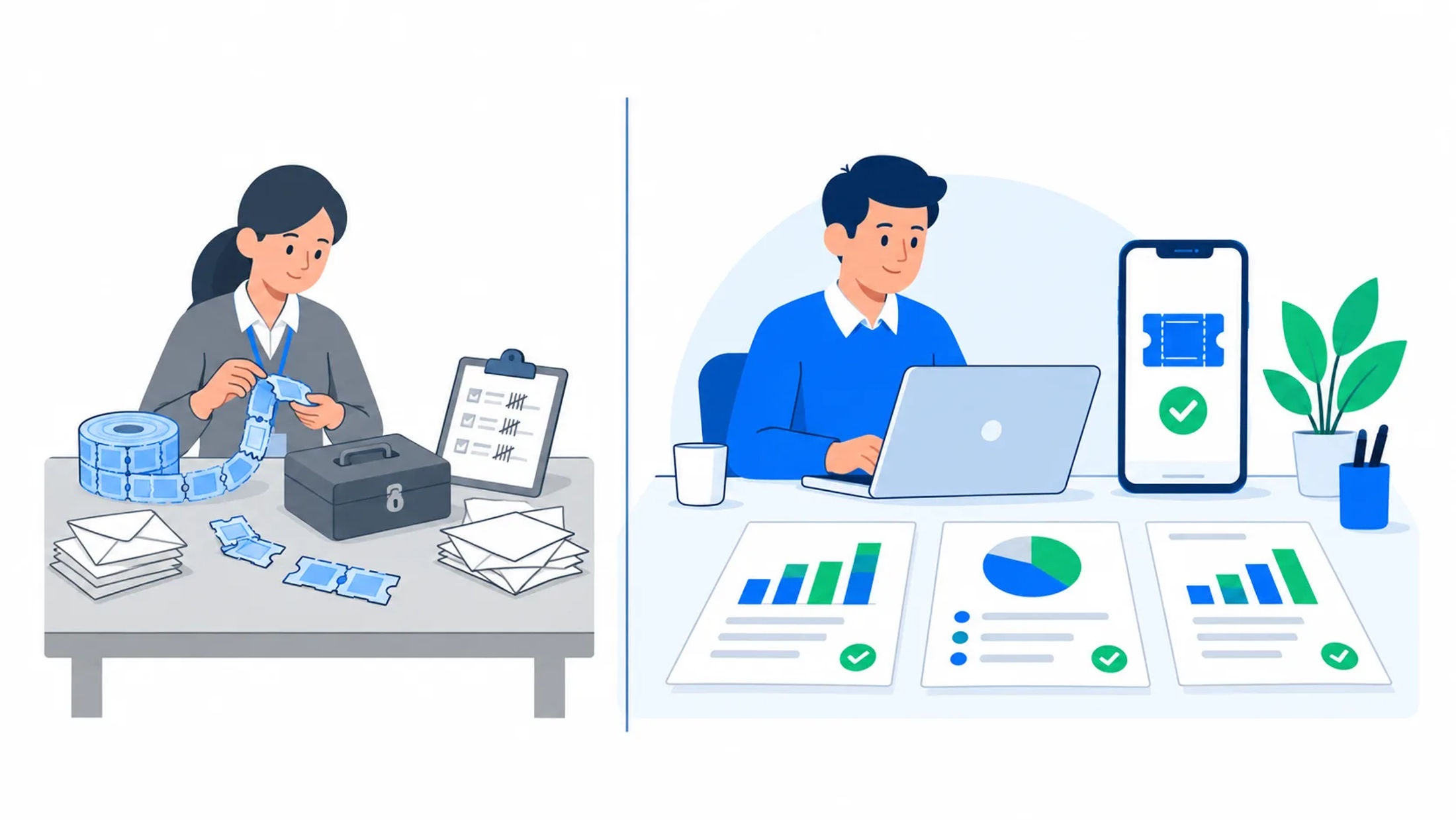 Illustration comparing paper tickets and cash handling with digital tickets and organized sales reports