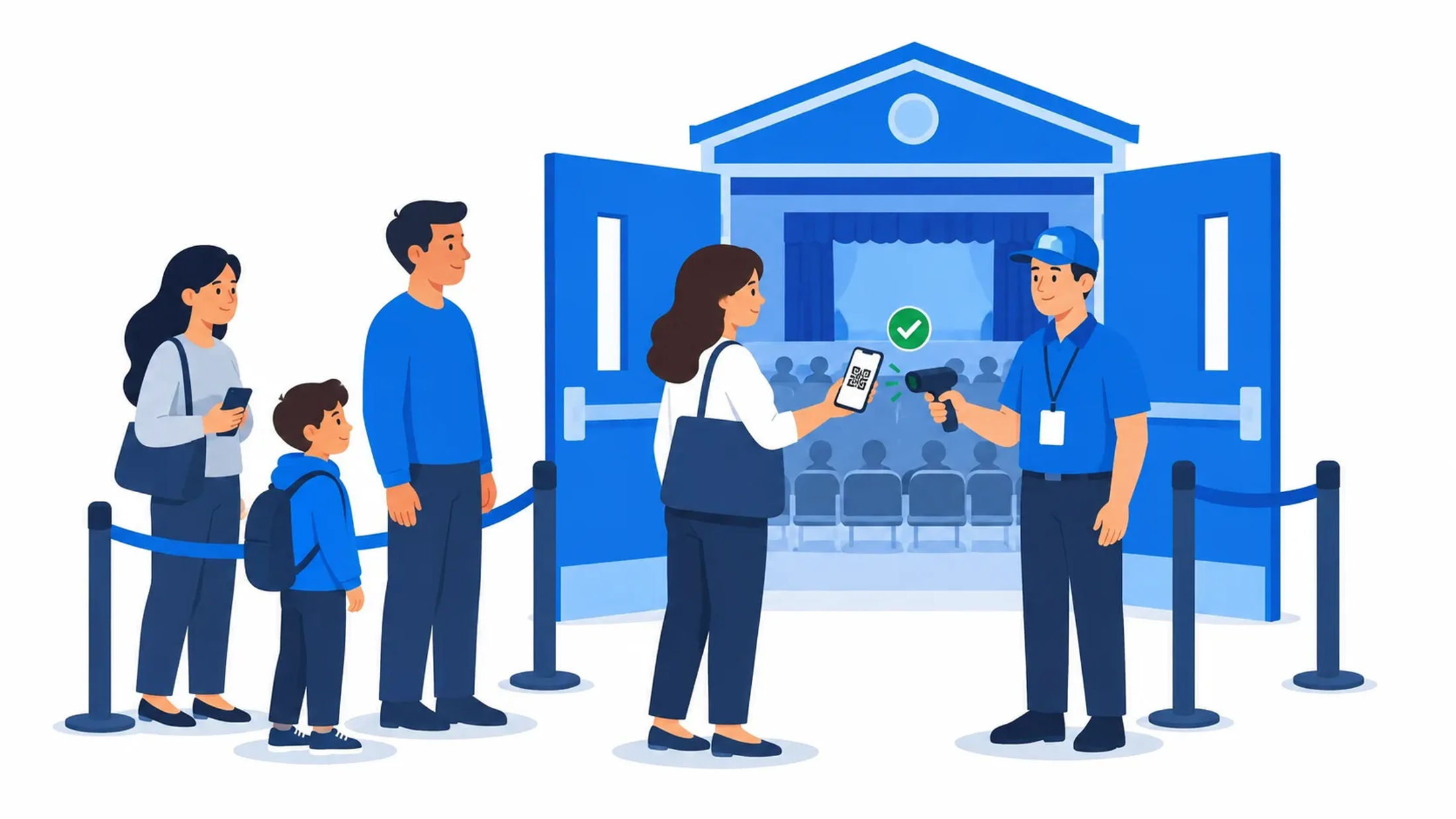 School staff member scanning a parent’s phone ticket at an auditorium entrance as families wait