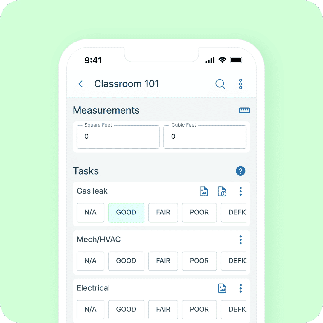 Facilitron FIT mobile app showing inspection configuration