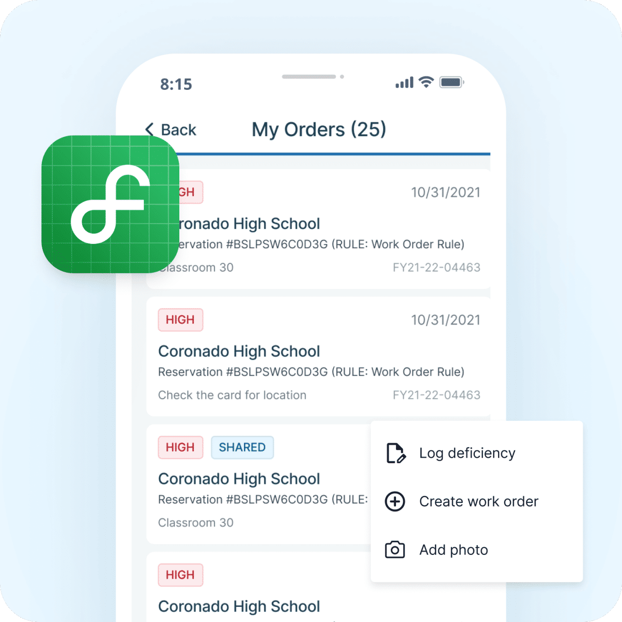 Facilitron mobile app showing work orders and event coordination