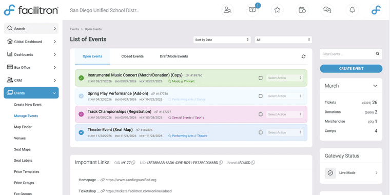 Facilitron Tickets event management dashboard listing open events