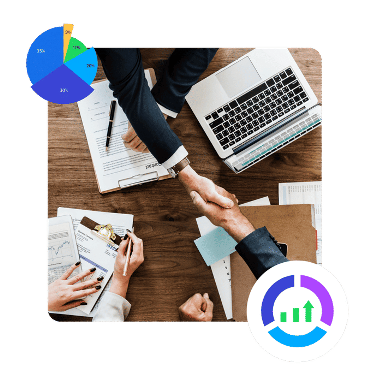 Partners shaking hands over a desk of reports and dashboards