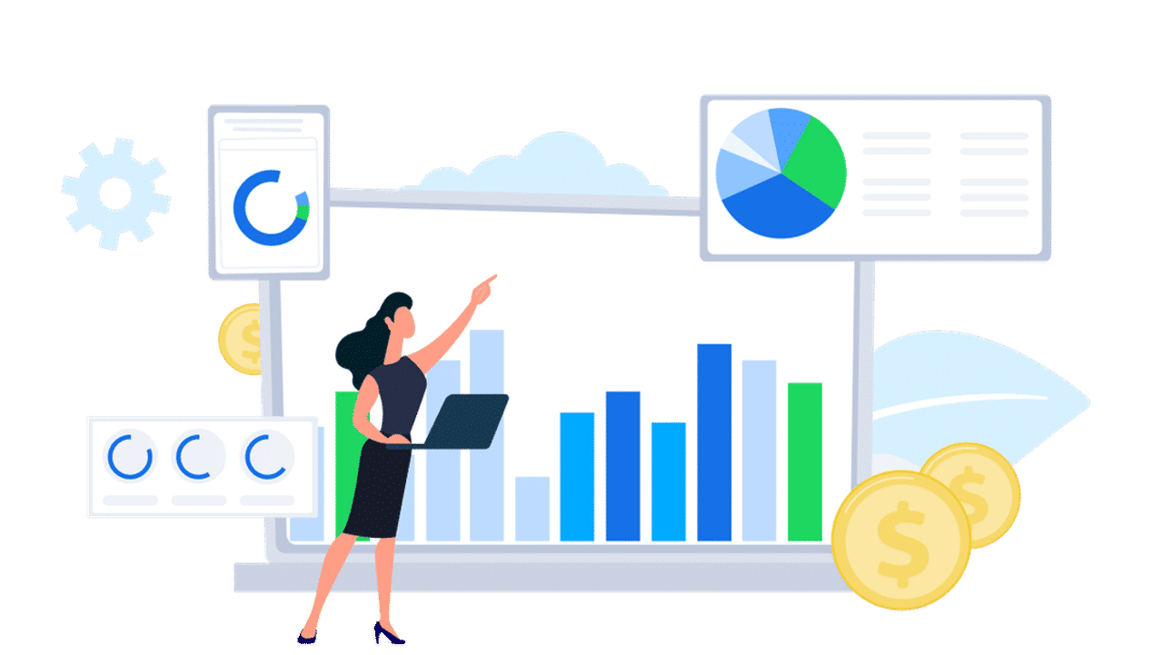 Illustration of charts, revenue, and reporting for facility events