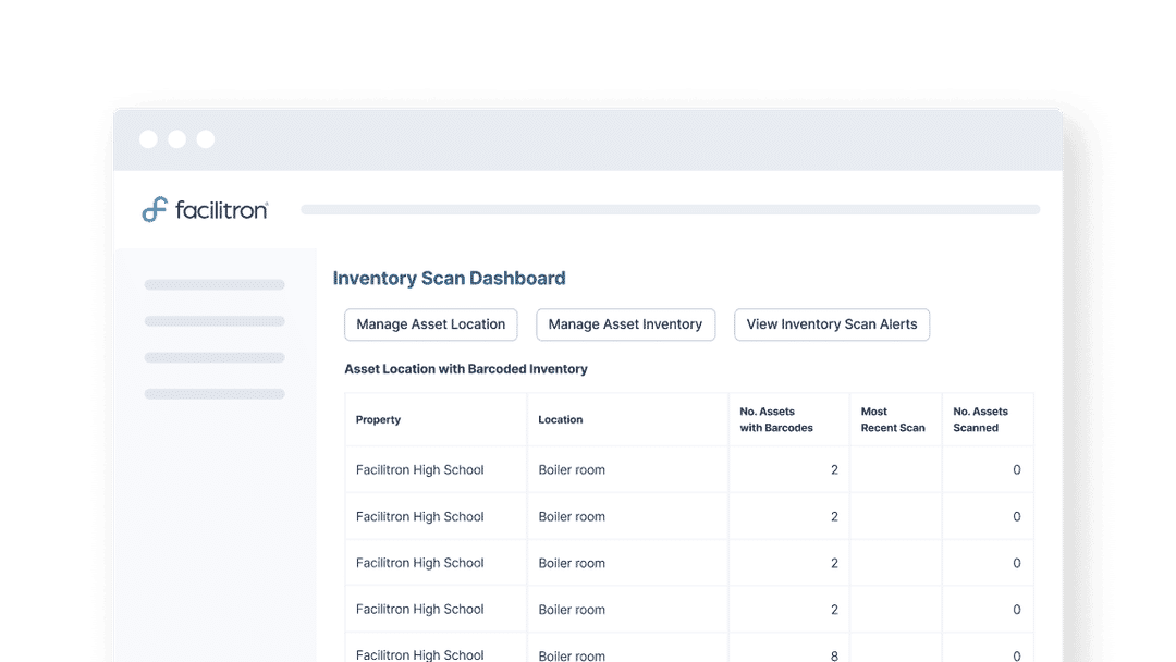 Facilitron Works inventory scan dashboard