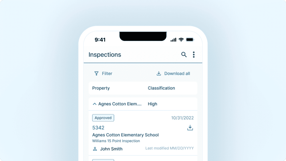 Facilitron FIT inspections list with filter and classification