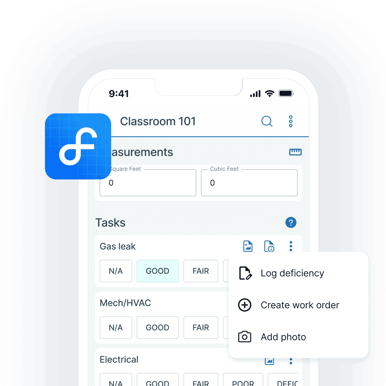 Facilitron FIT inspection app with work order creation menu