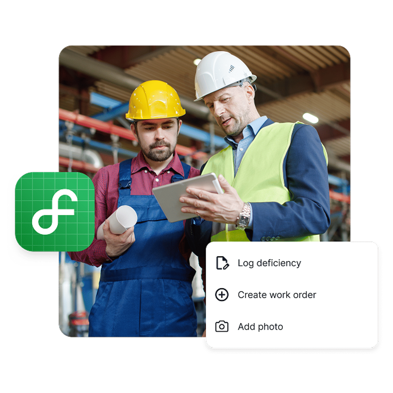 Facility workers using the Facilitron FIT app on-site to log inspection findings