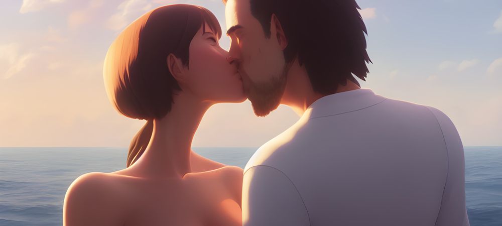 Romantiskt par som kysser varandra vid havet