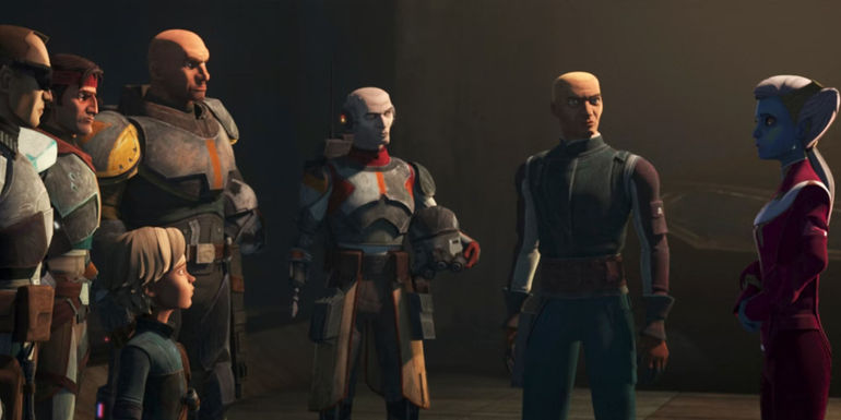 Clone Force 99, Captain Rex, and Senator Chuchi in The Bad Batch.