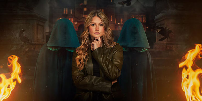 Mollie from The Traitors UK Season 2 standing in front of two cloaked figures and a castle