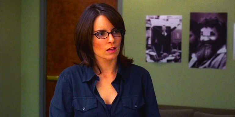 Tina Fey as Liz Lemon looking perplexed in a scene from 30 Rock