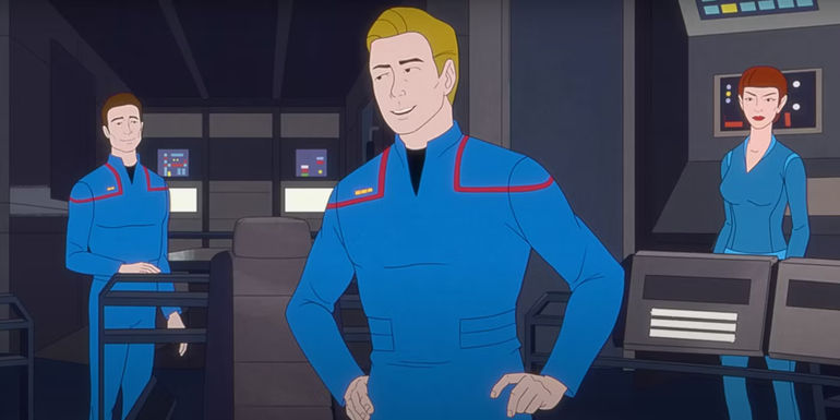 Animated Trip Tucker, Malcolm Reed, and T'Pol on the NX-01 bridge in very Short Treks