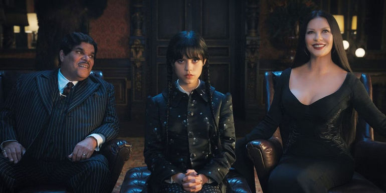 Gomez, Morticia, and Wednesday Addams in Netflix's Wednesday