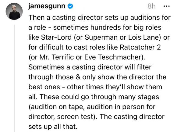 On Threads, Gunn said that casting Mr. Terrific and Even Tescmacher for Superman: Legacy was hard.