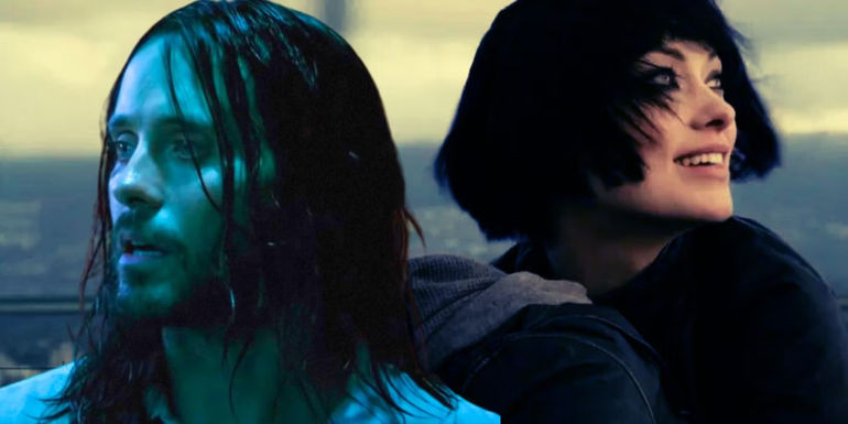 Jared Leto looking sideways in Morbius and Olivia Wilde smilingly looking at a sunset in Tron Legacy