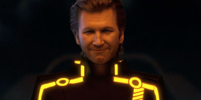 Jeff Bridges as Clu staring toward the camera in Tron: Legacy