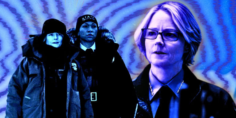 Jodie Foster and Kali Reis in front of a spiral in True Detective Night Country