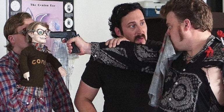 Ricky pointing a gun at Conky in Trailer Park Boys