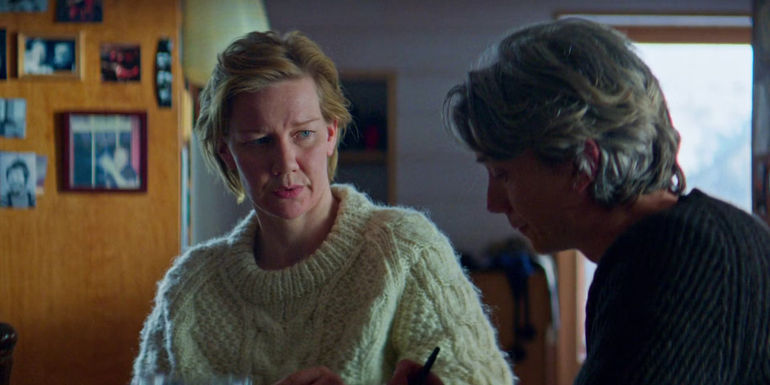 Sandra Huller Vincent sitting and talking in Anatomy of a Fall