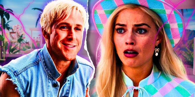 Barbie movie Ken smiling and Barbie shocked