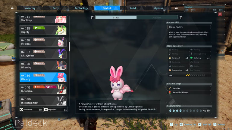 Ribunny paldeck entry in Palworld