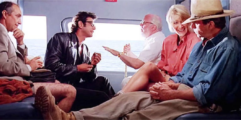 The original crew in the helicopter to Jurassic Park