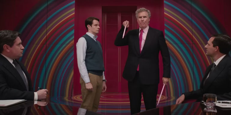 Will Ferrell addressing the Mattel board in Barbie