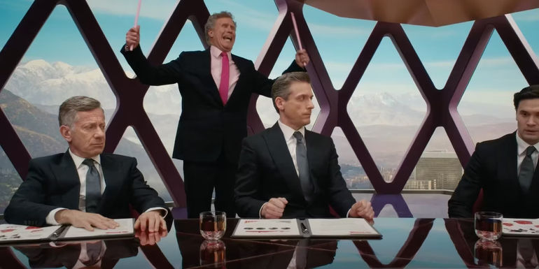Will Ferrell holding drum sticks and yelling in a board meeting in Barbie