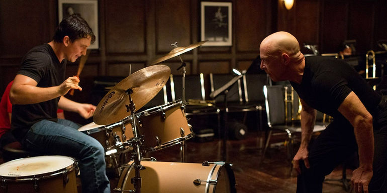 Andrew (Miles Teller) and Fletcher (JK Simmons) in Whiplash