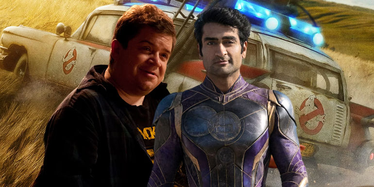 Patton Oswalt and Kumail Nanjiani in Front of the Ecto-1 from Ghostbusters Afterlife