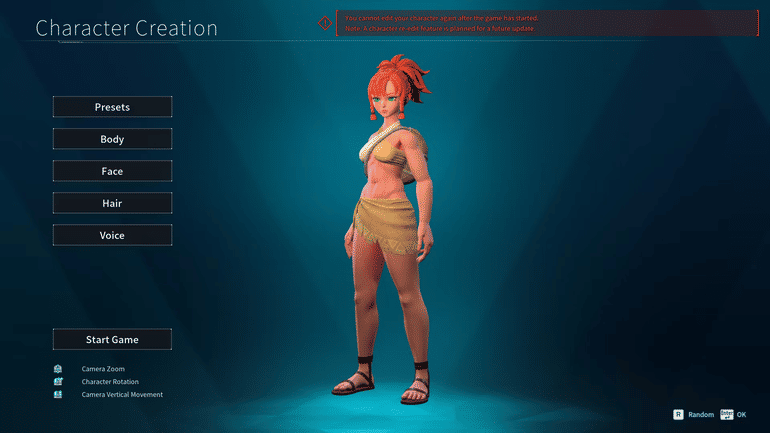 The character creation screen in Palworld