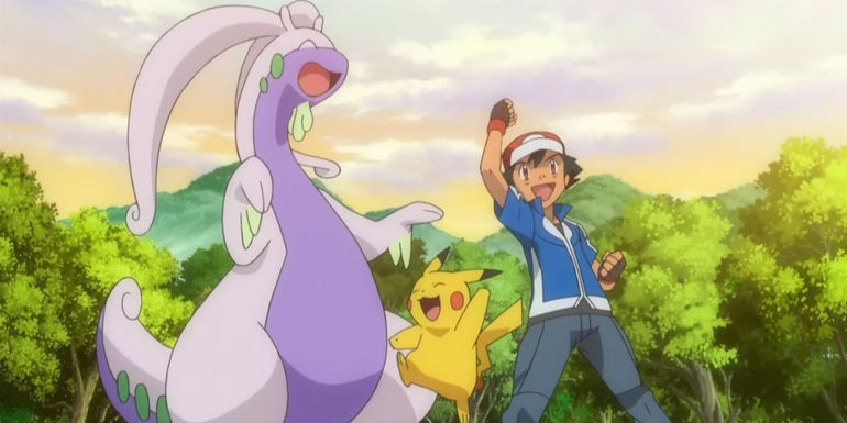 Ash, Pikachu, and Goodra yell and cheer in Pokemon.