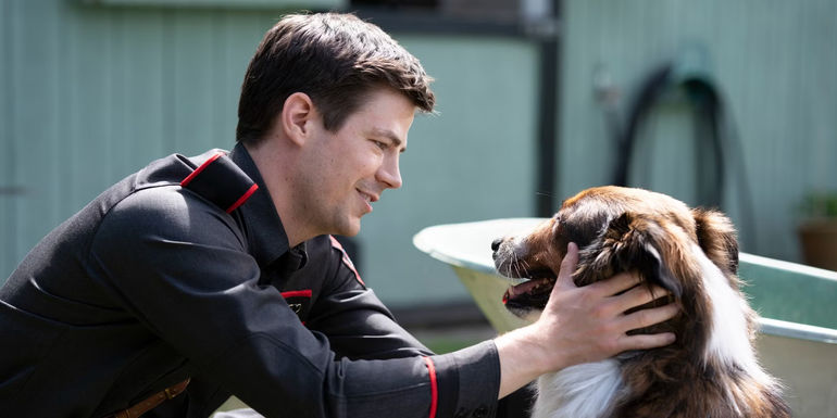 Grant Gustin stroking Ruby's face in Rescued by Ruby