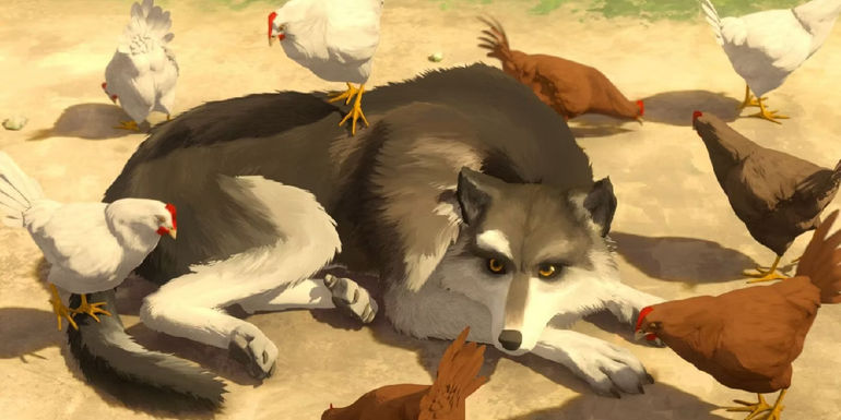 The wolf lies on the ground surrounded by chickens in White Fang.